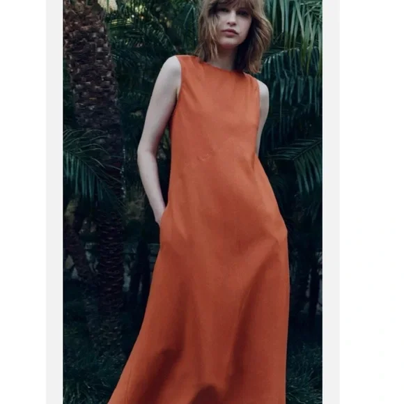 Zara Orange Sleeveless Linen Blend Maxi Sheath Dress Size Small - Picture 14 of 16
